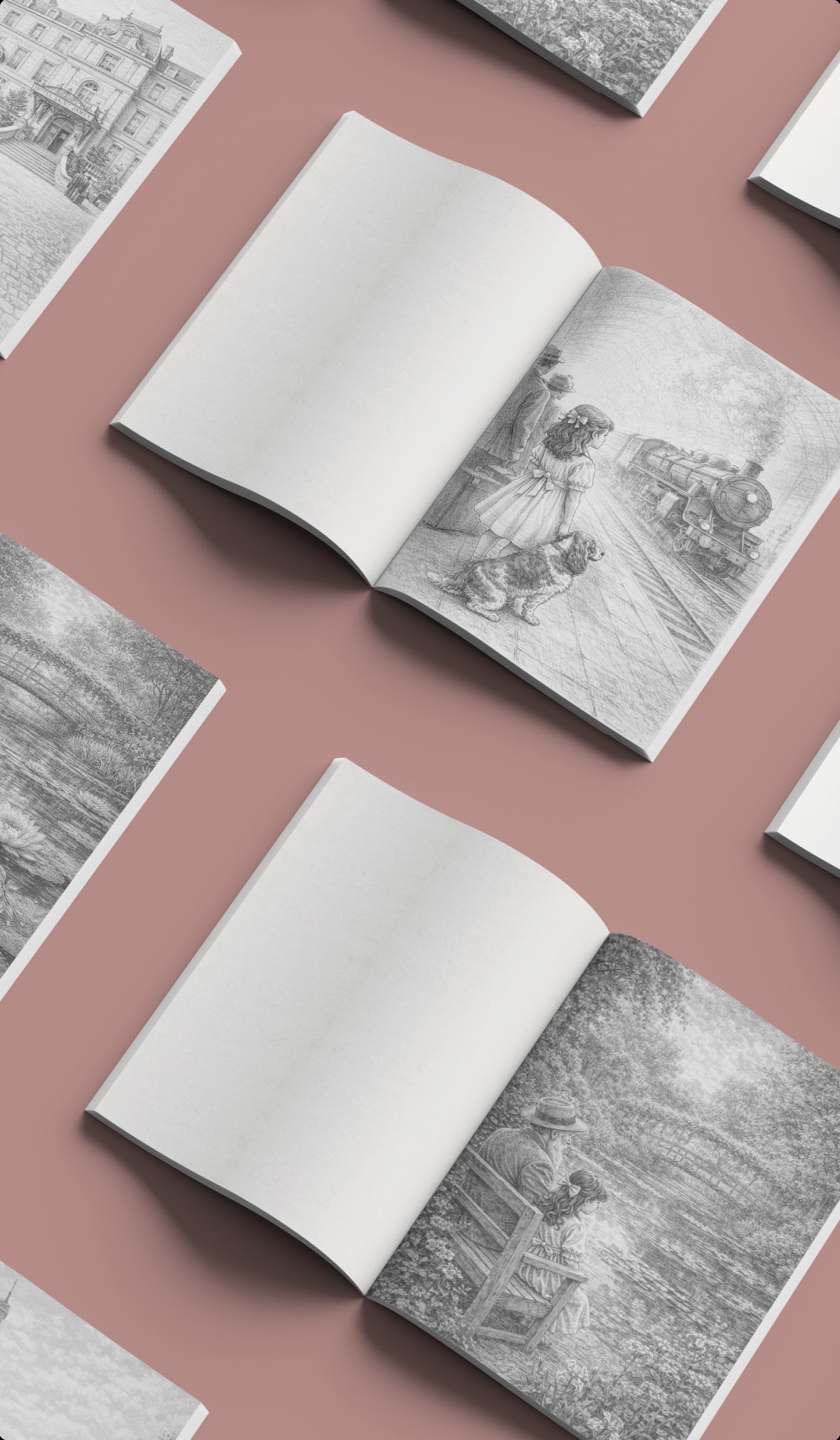 Mehrere aufgeschlagene Ausmalbücher von Lucy Wellington