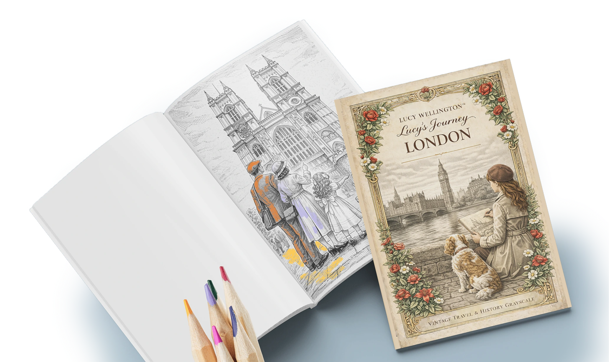 Aufgeschlagenes Lucy's-Journey-Ausmalbuch neben dem Cover der London-Ausgabe